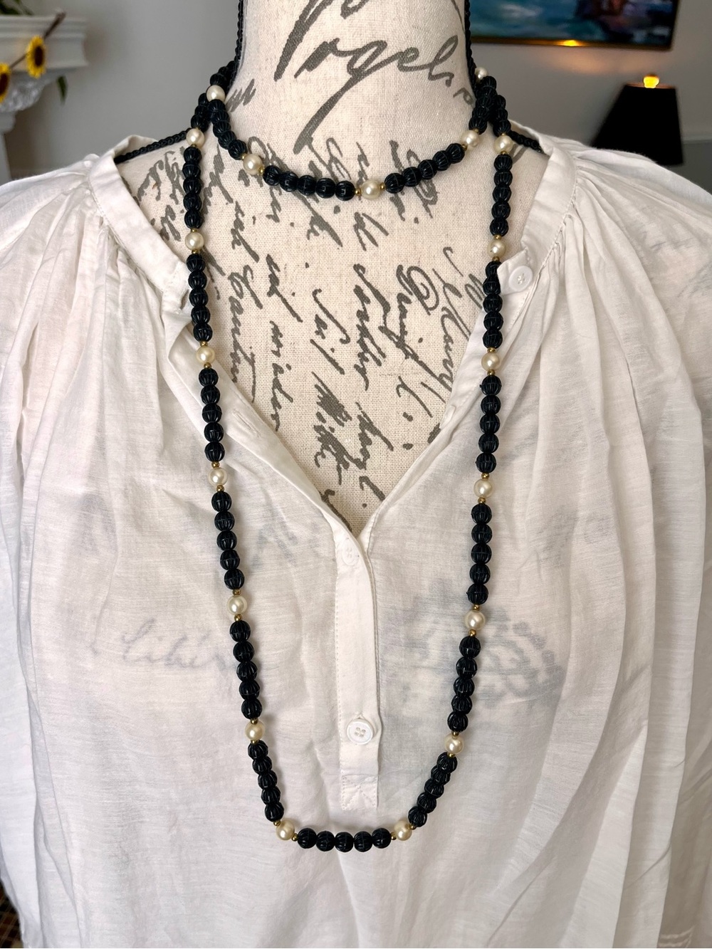 Vintage 1950’s Black Beaded Versatile Layered Long Necklace with Pearl Accents